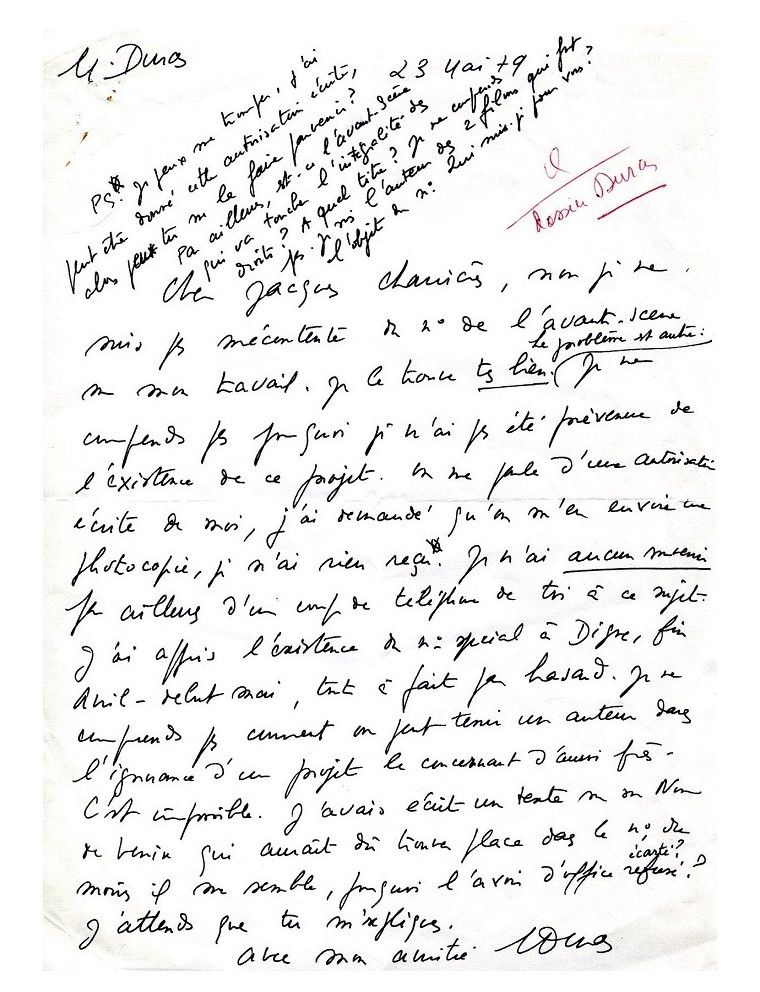 Lettre manuscrite signée deux fois par Marguerite Duras – 23 mai 1979
