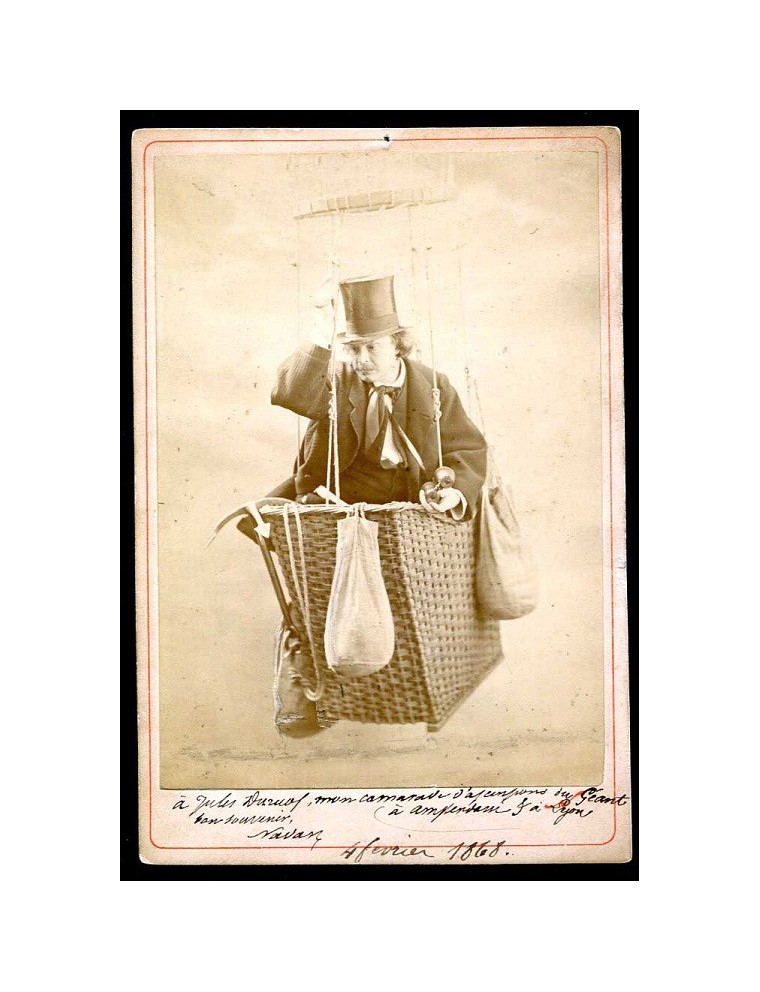 Autoportrait signé de Nadar dans son ballon – Photographie de cabinet, vers 1863 (pièce rarissime)