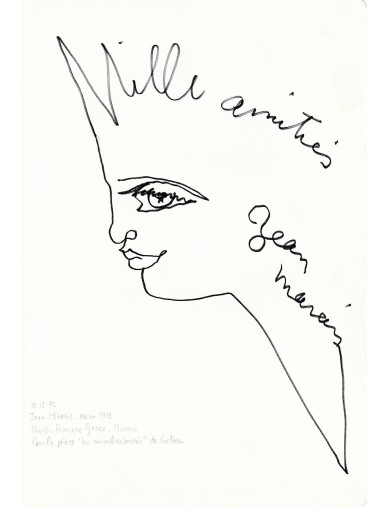 Jean Marais – Dessin original signé (1992) réalisé au Théâtre Princesse Grace – Œuvre manuscrite 20×28 cm