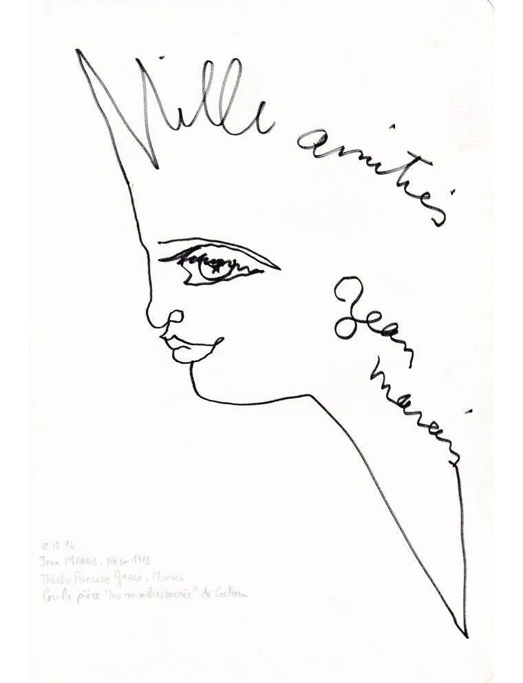 Jean Marais – Dessin original signé (1992) réalisé au Théâtre Princesse Grace – Œuvre manuscrite 20×28 cm