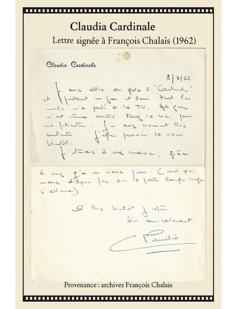 lettre autographe signée Claudia Cardinale (1962)