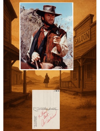 CLINT EASTWOOD – Dédicace “To Thierry, Best, Clint Eastwood” – Cannes 1985 + photo argentique 20 x 25 cm