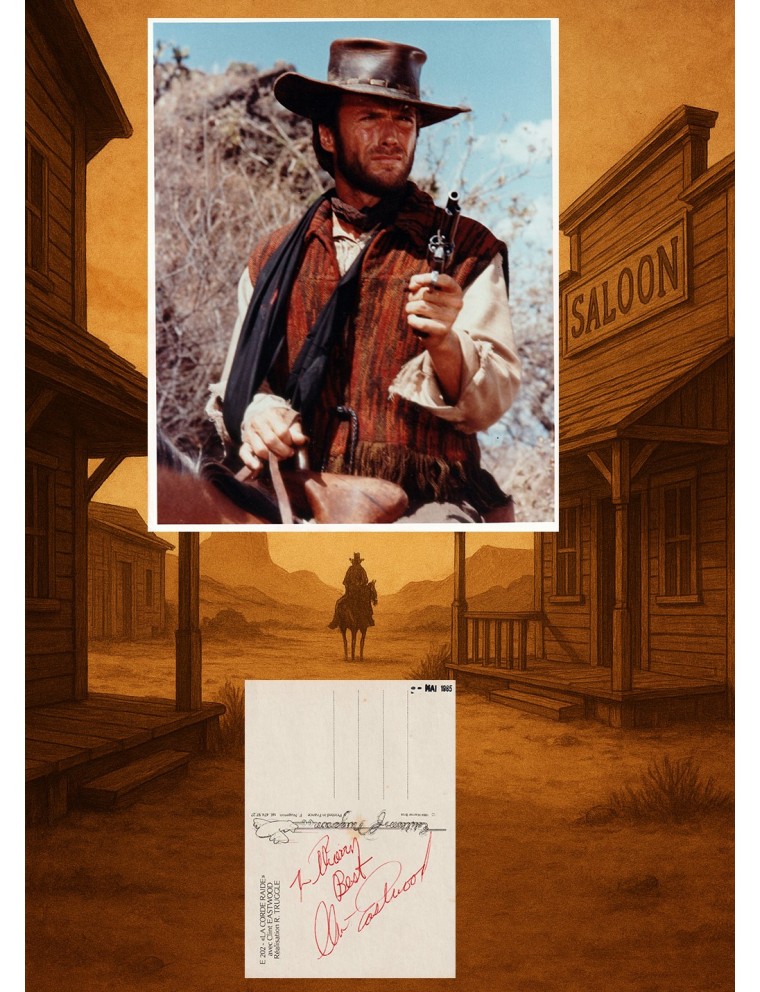 CLINT EASTWOOD – Dédicace “To Thierry, Best, Clint Eastwood” – Cannes 1985 + photo argentique 20 x 25 cm