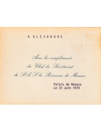 carte officielle du Palais de Monaco, destinée au célèbre coiffeur parisien Alexandre de Paris