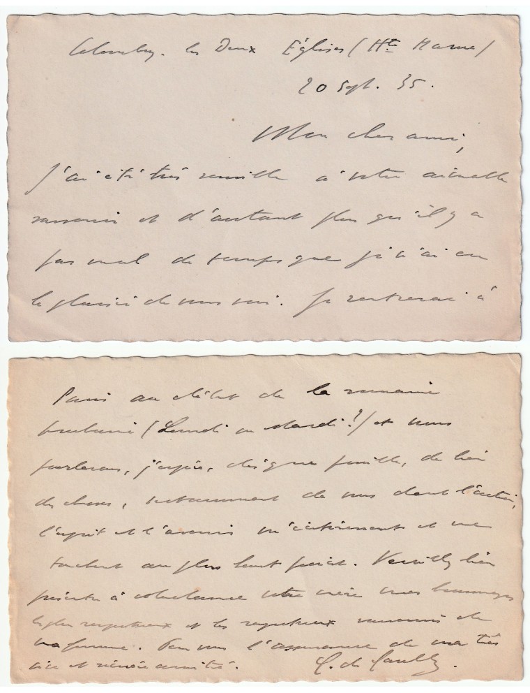 Charles de Gaulle – Lettre autographe signée (Colombey-les-Deux-Églises, 20 septembre 1935)