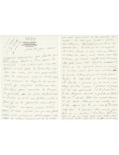 Édith Piaf – Lettre autographe exceptionnelle (Château Marmont, 1955) – À son mari Jacques Pills