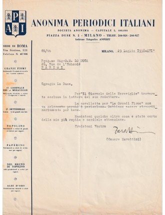 autographe CESARE ZAVATTINI – LETTRE SIGNÉE (1938) À G.-M. LO DUCA