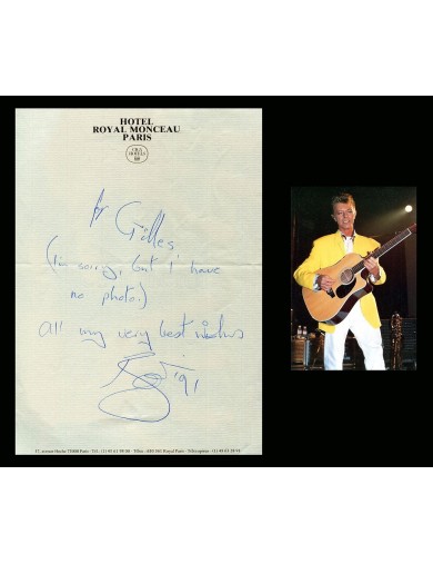 David Bowie – Lettre autographe signée (Paris, Royal Monceau, 1991) — Pièce de musée
